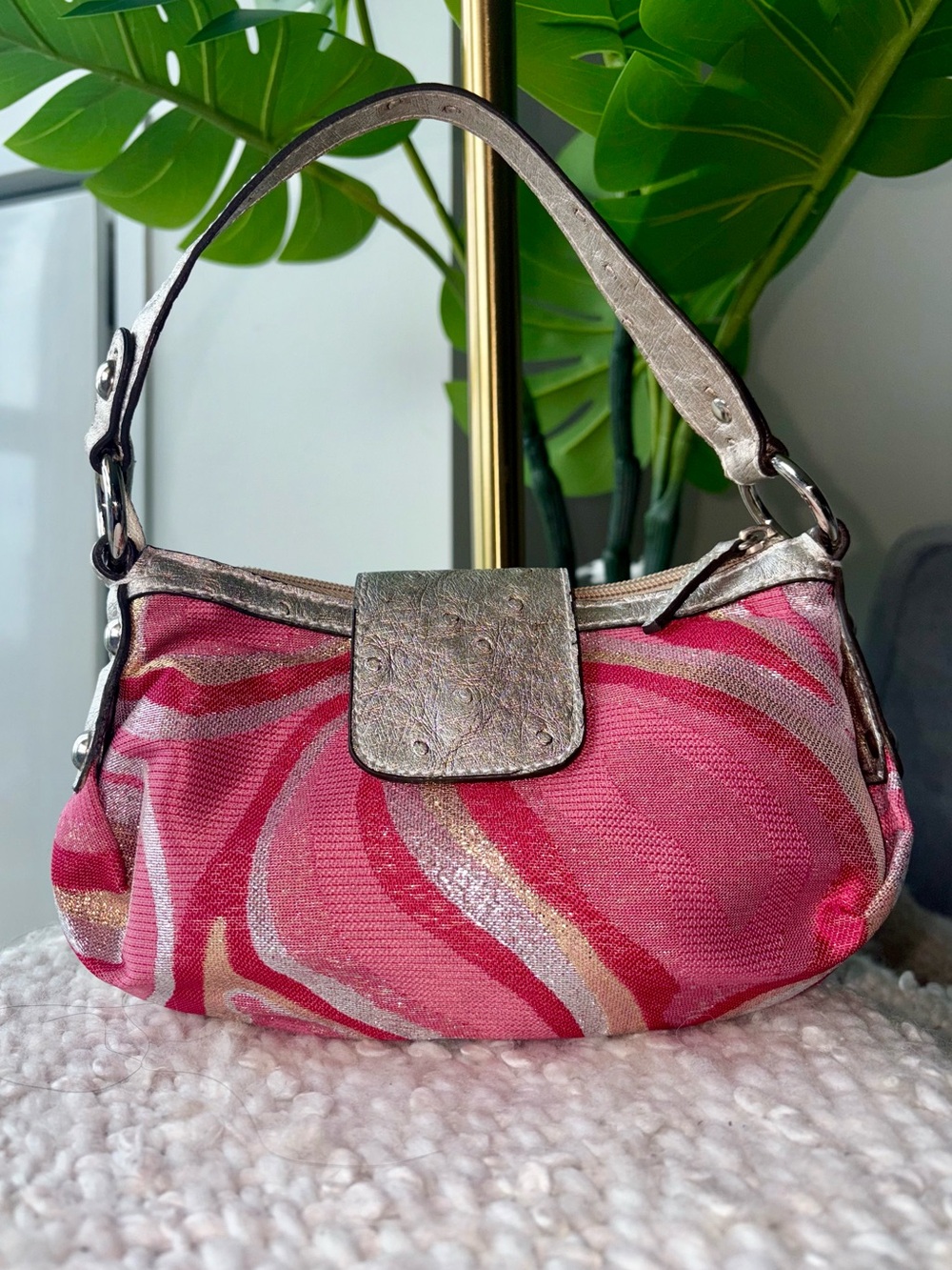 Rare Vintage Y2K GUESS Samba Mini Pink Metallic Wood G Shoulder Bag 2000s Purse - Picture 5 of 9